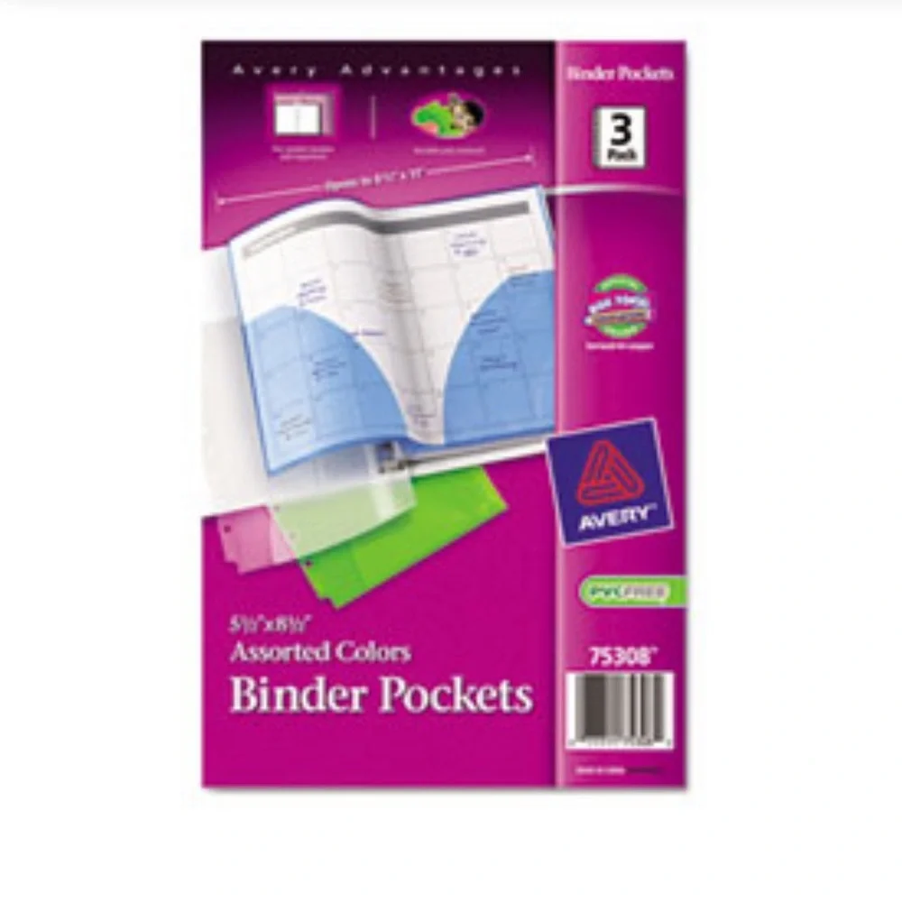 NWT AVERY® FOLD-OUT BINDER POCKETS, 5-1/2 X 8-1/2, ASSORTED, 3/PACK